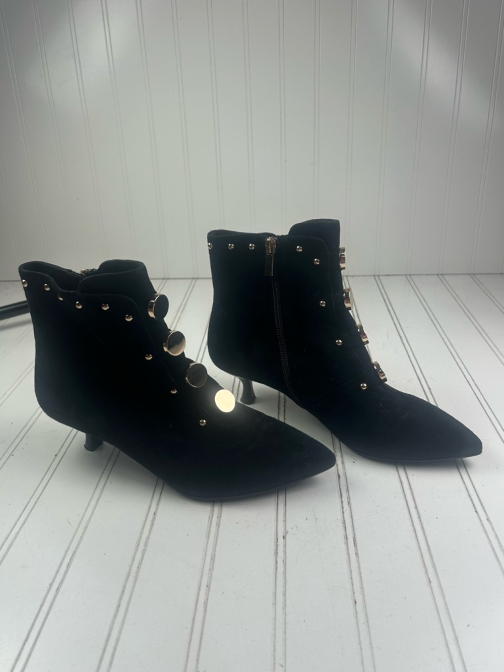 Jones Bootmaker Vintage Black Suede Studded Ankle Heel Boots Women’s Size 8 39 - Picture 3 of 12